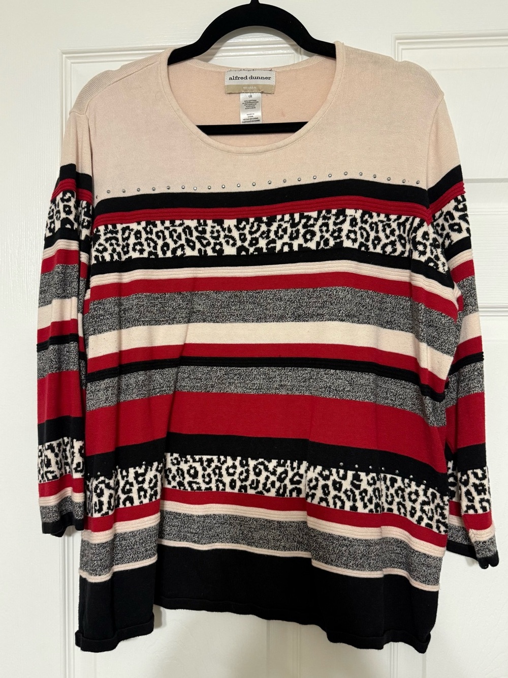 Alfred Dunner Women’s Leopard Print Striped Knit Long Sleeve Sweater Size 1X